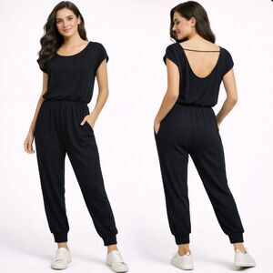 Vimmia Black Relaxed Fit Waffle Knit Jumpsuit Cuffed Leg Pockets Stretch L USA